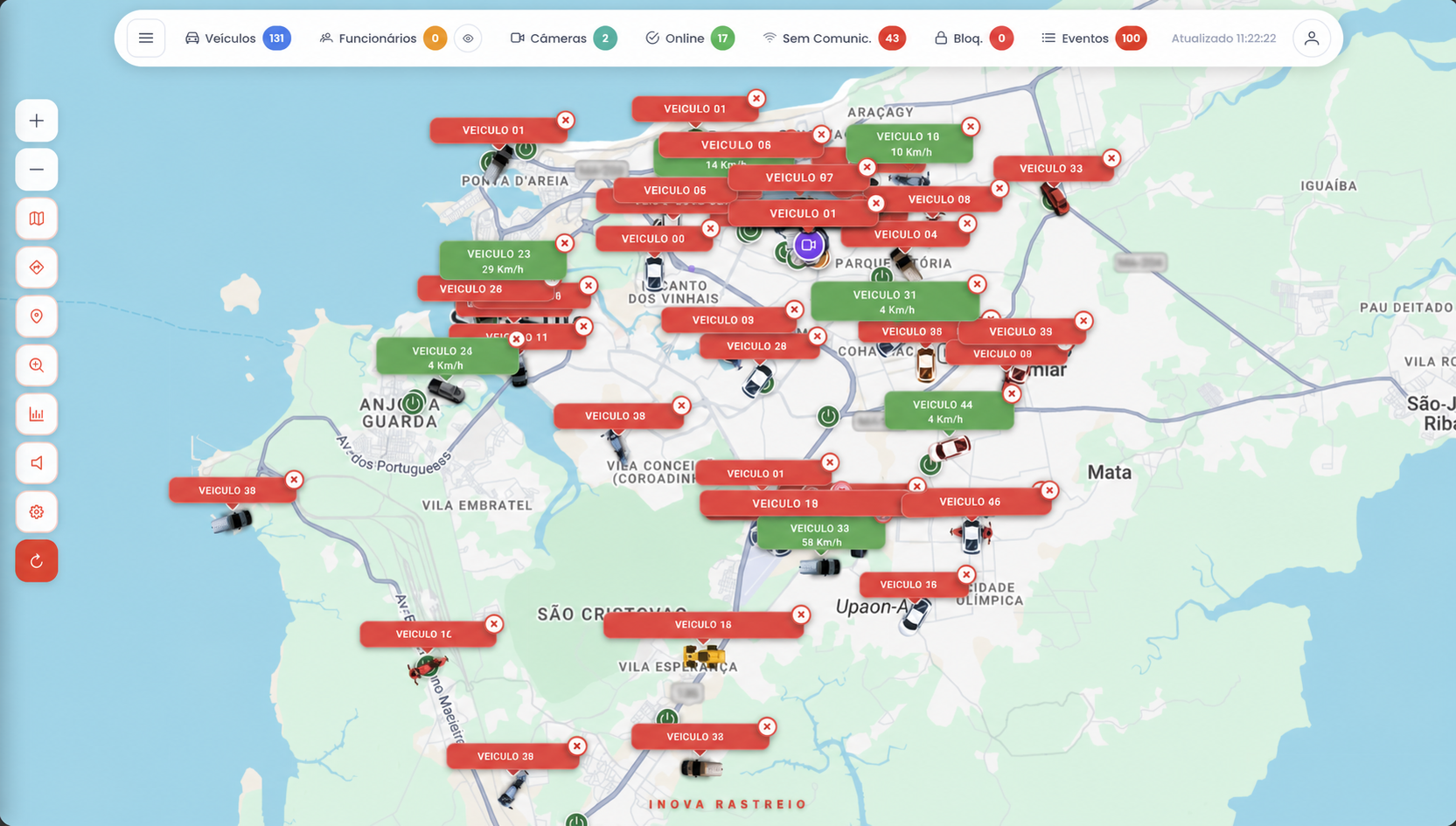 Painel iMaps com mapa de veículos e status da operação